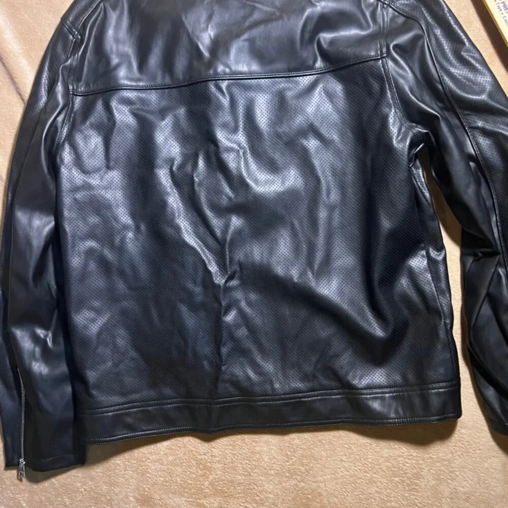 NWT Guess Women XL LS‎ Beau Perforated Jet Black Full Zip Faux Leather Jacket